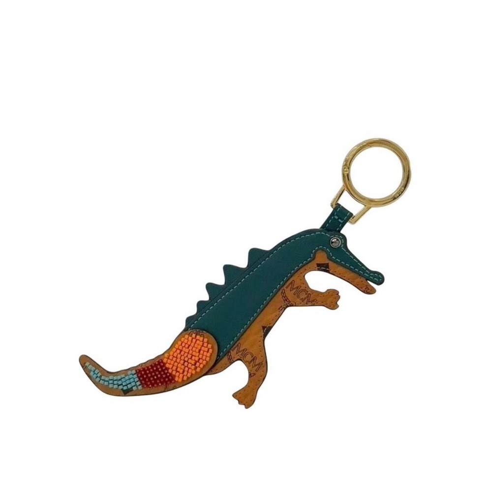 MCM Visetos Leather Crocodile Bag Charm Cognac Teal Beaded Keychain Accessory